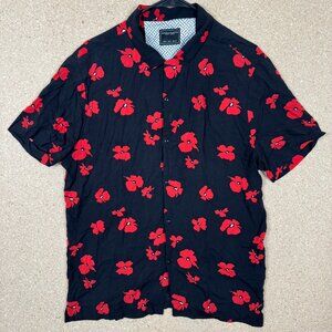 Denim & Flower Ricky Singh Men's Large Shirt Black Red Floral Poppy Short Sleeve